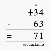 Calculate 134 minus 63 using long subtraction