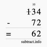 Calculate 134 minus 72 using long subtraction