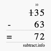 Calculate 135 minus 63 using long subtraction