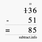 Calculate 136 minus 51 using long subtraction