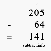 Calculate 205 minus 64 using long subtraction