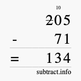 Calculate 205 minus 71 using long subtraction