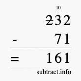 Calculate 232 minus 71 using long subtraction