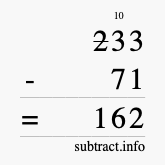 Calculate 233 minus 71 using long subtraction