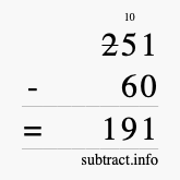 Calculate 251 minus 60 using long subtraction Calculate 251 minus 60 using long subtraction