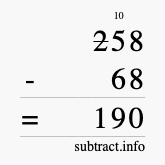 Calculate 258 minus 68 using long subtraction