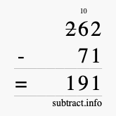 Calculate 262 minus 71 using long subtraction
