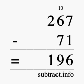 Calculate 267 minus 71 using long subtraction