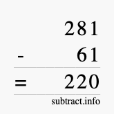 Calculate 281 minus 61 using long subtraction Calculate 281 minus 61 using long subtraction