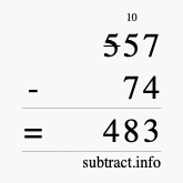 Calculate 557 minus 74 using long subtraction