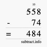 Calculate 558 minus 74 using long subtraction