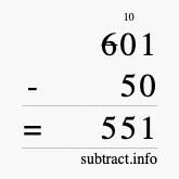 Calculate 601 minus 50 using long subtraction