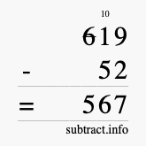 Calculate 619 minus 52 using long subtraction