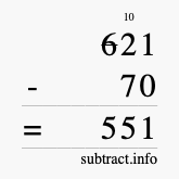 Calculate 621 minus 70 using long subtraction
