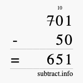 Calculate 701 minus 50 using long subtraction Calculate 701 minus 50 using long subtraction