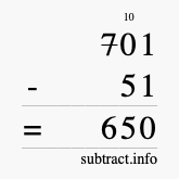 Calculate 701 minus 51 using long subtraction