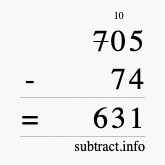 Calculate 705 minus 74 using long subtraction
