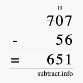 Calculate 707 minus 56 using long subtraction