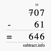 Calculate 707 minus 61 using long subtraction