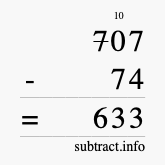 Calculate 707 minus 74 using long subtraction