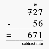 Calculate 727 minus 56 using long subtraction
