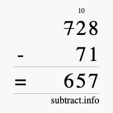 Calculate 728 minus 71 using long subtraction