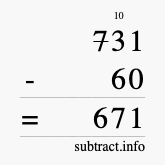 Calculate 731 minus 60 using long subtraction