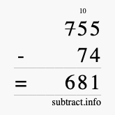 Calculate 755 minus 74 using long subtraction