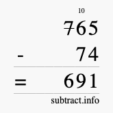 Calculate 765 minus 74 using long subtraction