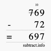 Calculate 769 minus 72 using long subtraction