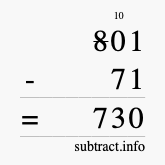 Calculate 801 minus 71 using long subtraction