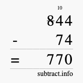 Calculate 844 minus 74 using long subtraction