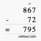 Calculate 867 minus 72 using long subtraction