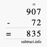 Calculate 907 minus 72 using long subtraction