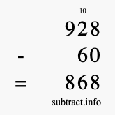 Calculate 928 minus 60 using long subtraction