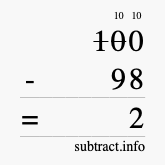 Calculate 100 minus 98 using long subtraction