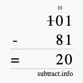 Calculate 101 minus 81 using long subtraction