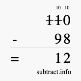 Calculate 110 minus 98 using long subtraction