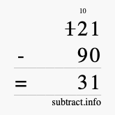 Calculate 121 minus 90 using long subtraction