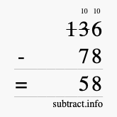 Calculate 136 minus 78 using long subtraction
