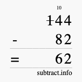 Calculate 144 minus 82 using long subtraction