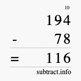 Calculate 194 minus 78 using long subtraction