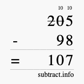 Calculate 205 minus 98 using long subtraction