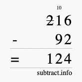 Calculate 216 minus 92 using long subtraction