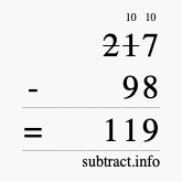 Calculate 217 minus 98 using long subtraction