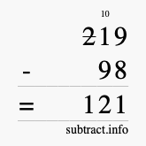 Calculate 219 minus 98 using long subtraction