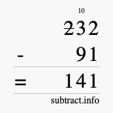 Calculate 232 minus 91 using long subtraction