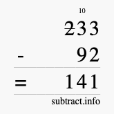 Calculate 233 minus 92 using long subtraction