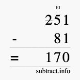 Calculate 251 minus 81 using long subtraction