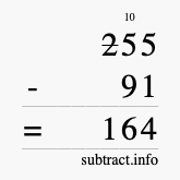 Calculate 255 minus 91 using long subtraction
